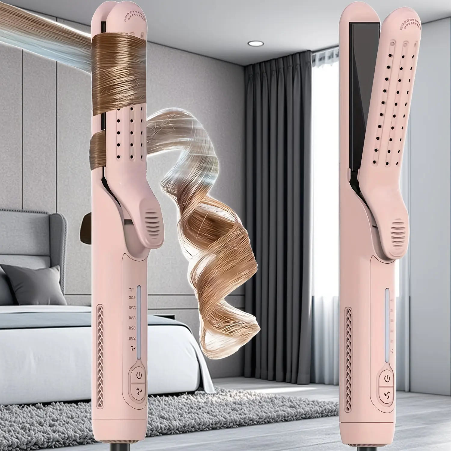 JOYYH 2-in-1 Multistyler Styler - Hair Styler Flat Iron & Curling Iron with Cooling Air Vents, 360° Airflow, Anti-Tangle Design, 5 Adjustable Temperatures for All Hair Lengths, Curling Iron Set, Frizz