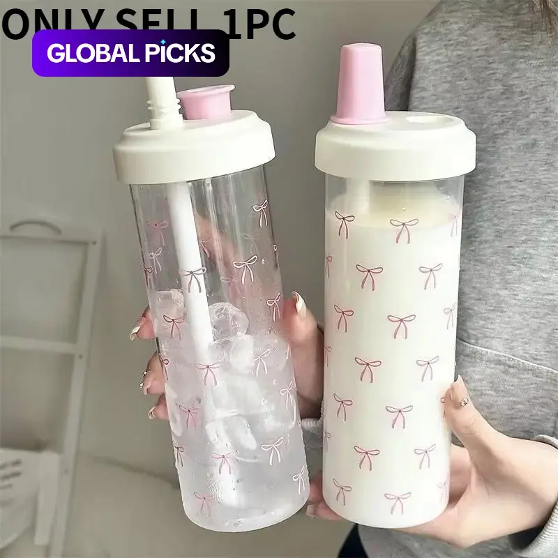 Cute Bow Print Straw Water Bottle, Reusable Water Bottles, Clear Portable Reusable Plastic Bottle with Lid for Home, Office, School, and Outdoor Use, 1 Count #GLOBAL PICKS