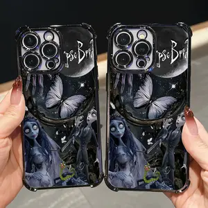 Luxury Fantasy Animated Zombie Bride Moonlight Cartoon Phone Case, Black Electroplated Frame Anti-Drop Transparent Soft Protective Cover Compatible with iPhone 17 Air 16E 16 15 14 13 12 Mini 11 Pro Max X XR XS Max 8 7 Plus