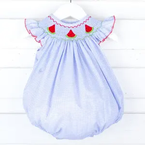Watermelon Blue Windowpane Smocked Angel Sleeve Bubble - Girls Summer Outfit