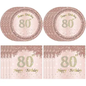 80th Birthday Decorations, Rose Gold Birthday Party Supplies Include 20Pcs Plates 20Pcs Napkins Sweet Eighty Year Old Party Tableware for Girl Ladies Women