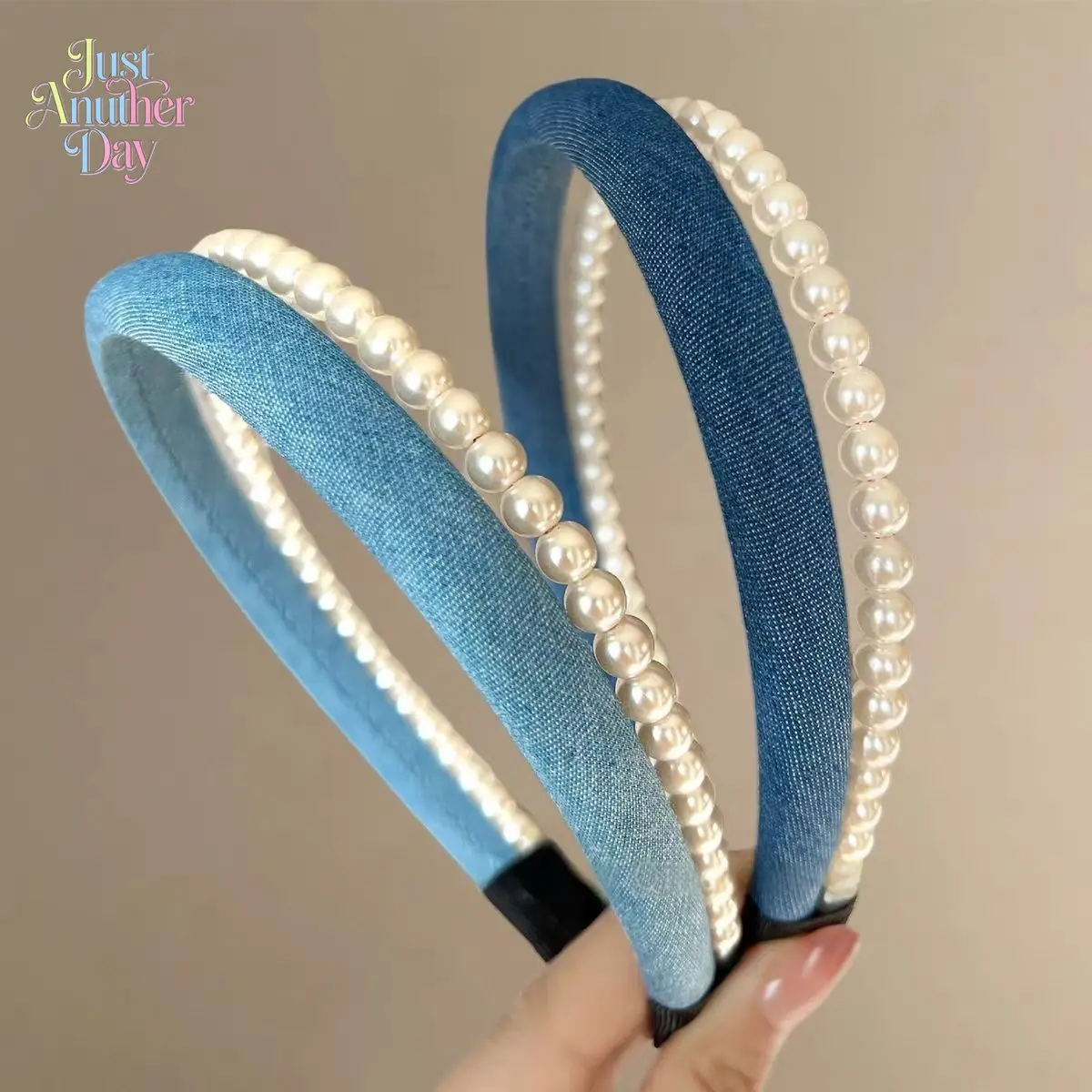 2Pcs Retro Denim Double Layer Pearl Headbands, Elegant Blue Denim Pearl Hair Hoops, Stylish Headbands for Women's Updos & Daily Wear