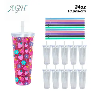 AGH 10pcs 24 oz Snow Globe Acrylic Tumblers with Leak-proof Lids Double Wall Plastic Cups for DIY Gifts Drinkware Washable