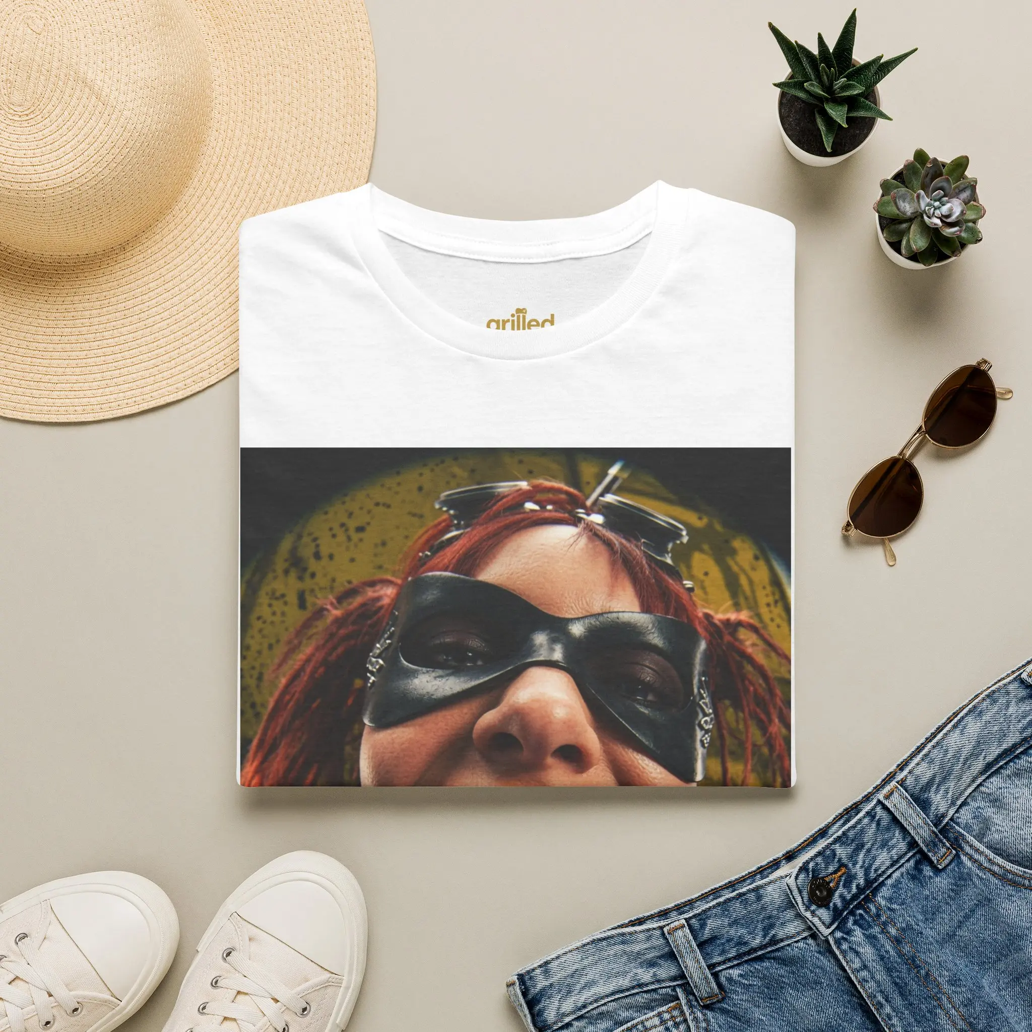 Shadow Vixen Graphic T-Shirt — Bold Close-Up Portrait Tee (Grillz & Sunglasses)