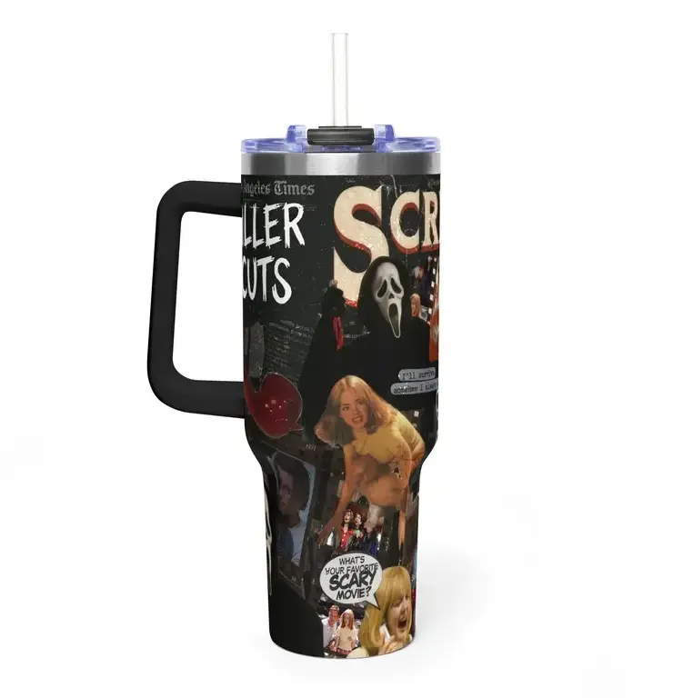 [Gift Box & Straw Included] Horror Slasher Movie Scream-Inspired Stainless Steel Insulated Flask, 20oz/40oz Portable Travel Mug with Handle, Black Horror Collage Graphic, Halloween Fan Kitchenware Gift, Flasks