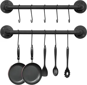 21 Inch Wall Mounted Pot Pan Rack Set of 2, Industrial Iron Pipe Kitchen Hanging Rail with 10 S Hooks for Hanging Pans and Cooking Utensils
