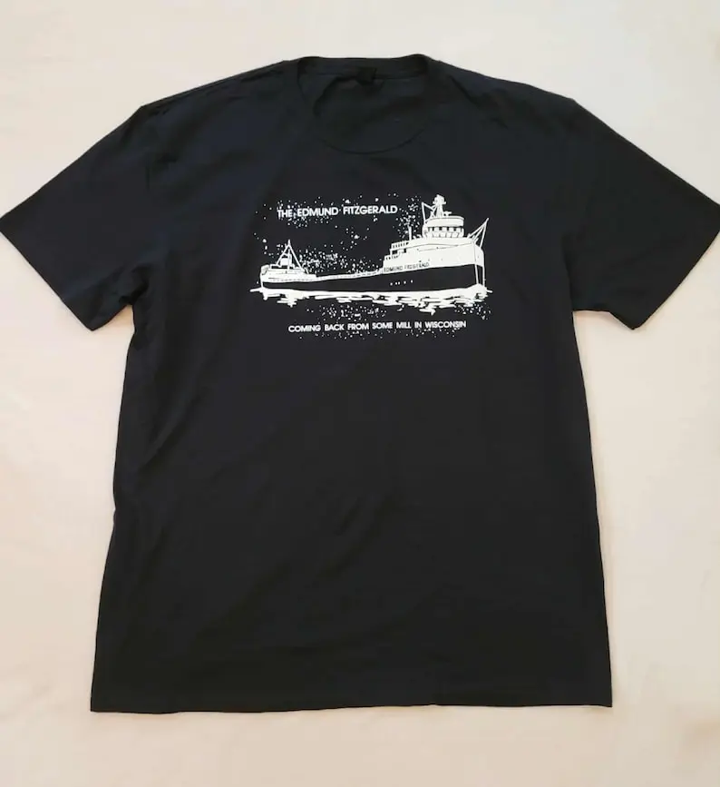 The Edmund Fitzgerald Shipwreck Glow in the Dark Men's Cotton T-Shirt Black 1975 Wisconsin 50th Anniversary Shirt