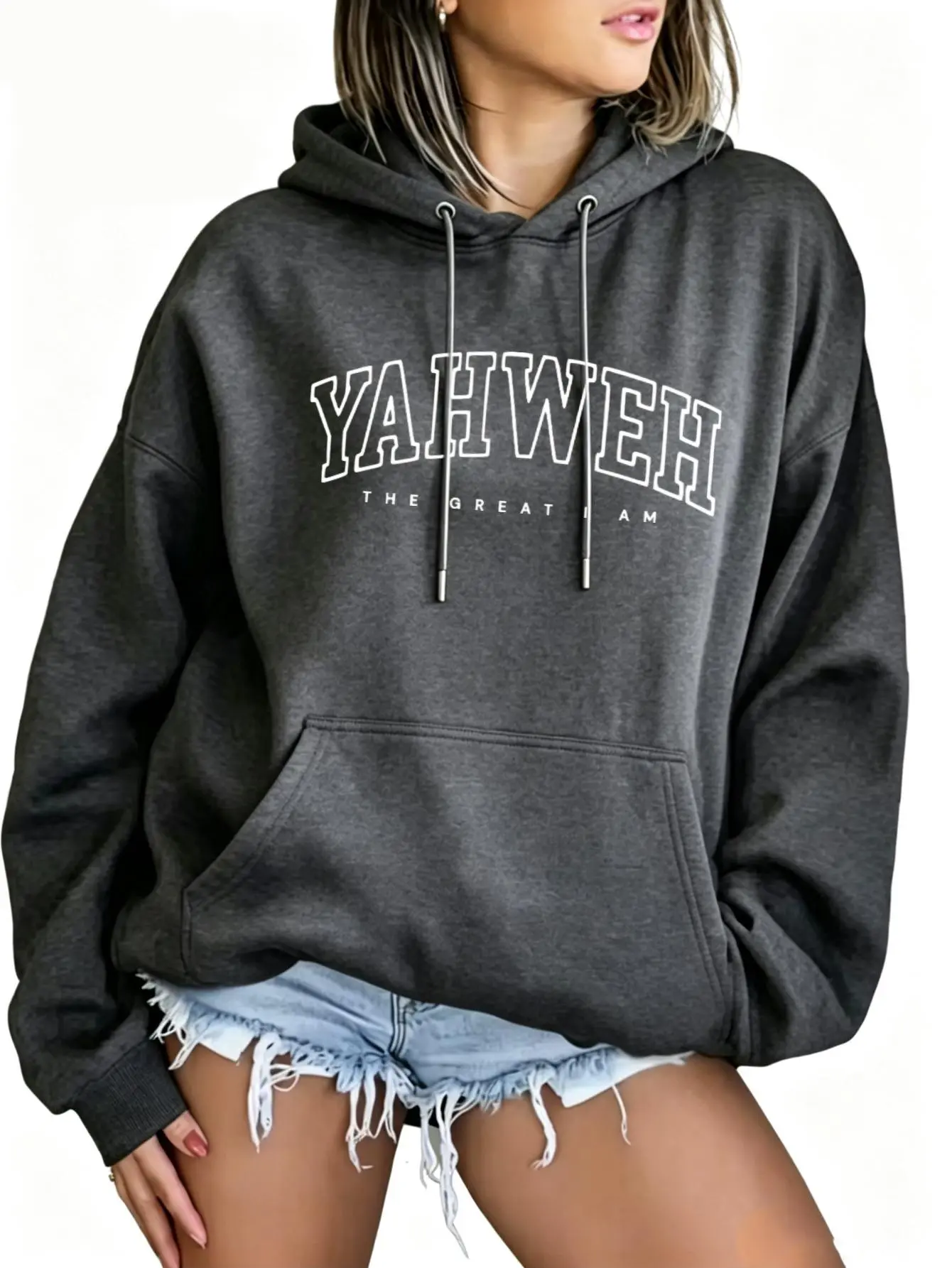 Women's Cotton-Poly Long Sleeve Oversized Hooded Sweatshirt - Drawstring Hood, Classic Varsity Print, Yahweh The Great I Am Christian Faith Design, Relaxed Fit Religious Inspirational Pullover, Cold Wash Casual Top For Believers