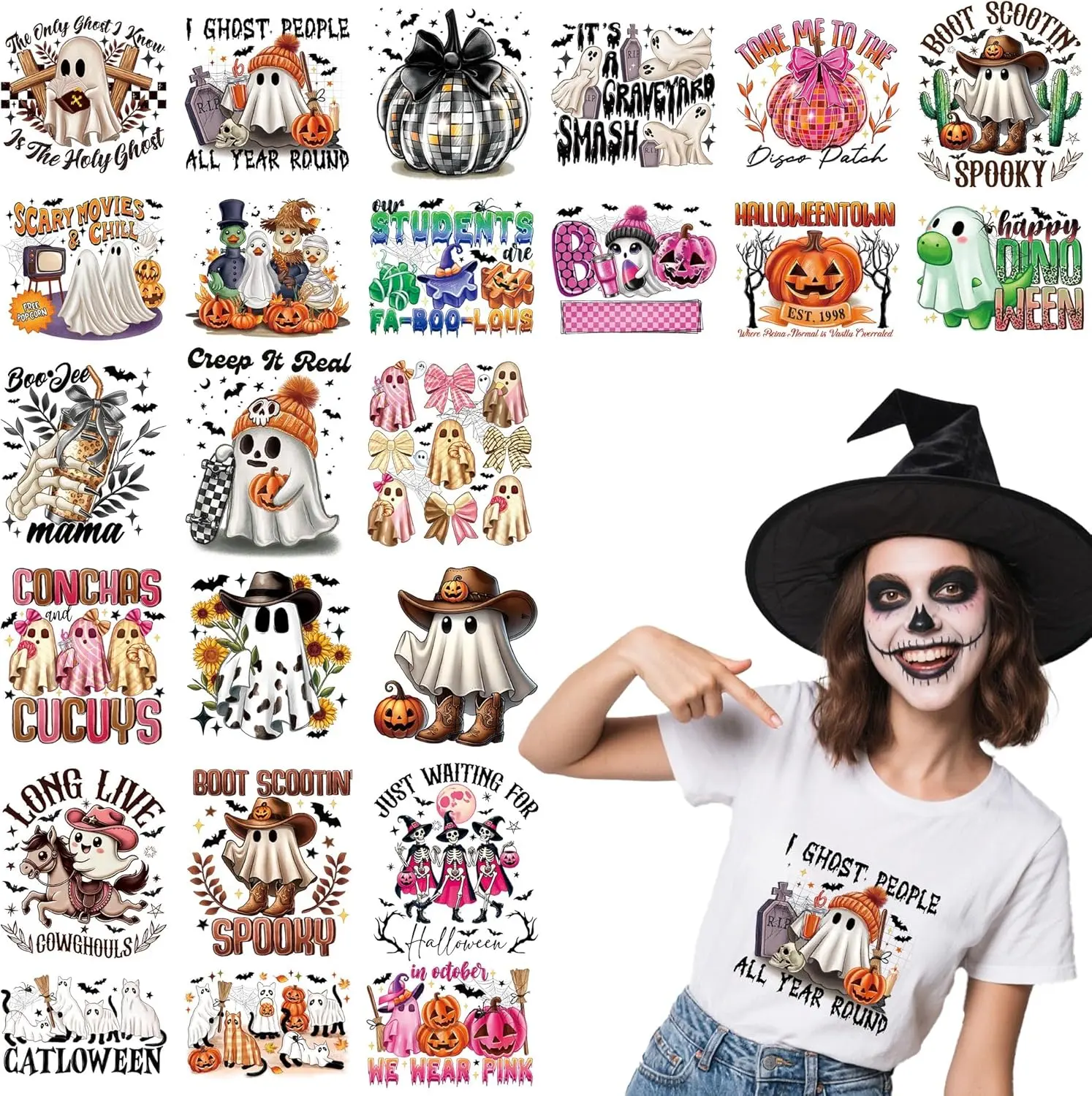 24 Sheets Halloween Iron on Transfers for T-Shirts, Western Conchas Ghost Pumpkin DTF Transfers Ready to Press Heat Transfers Vinyl, Iron on  for Clothes Bag Pillow Covers DIY Crafts