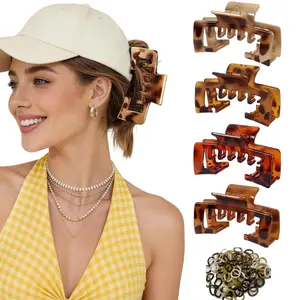 4Pcs Hat-Friendly Hair Claw Clips, 4.1 Inch Tortoise Shell Square Clips with 20 Mixed Brown Hair Ties, Non-Slip Strong Hold for Thick & Thin Hair, Ideal for Baseball Cap & Trucker Hat Hairstyles, Trendy Outdoor Sports Hair Accessories for Women Girls