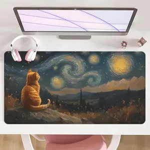 [Mouse Desk Pad] Non-Slip Mouse Pad Large Gaming Mouse Pad With Rubber Base & Stitched Edge Dreamy Orange Cat & Swirling Starry Night Design Desk Top Protector Mat Desktop Accessory For Home Office Or Christmas Gift Desk Accessories