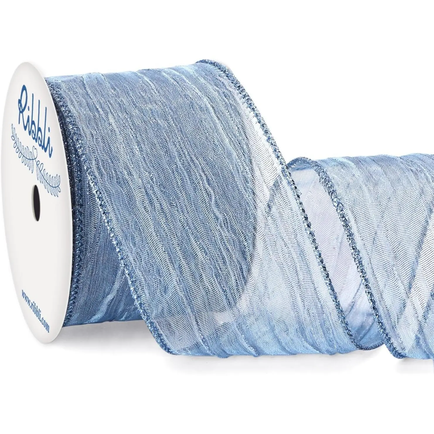 Dusty Blue Crinkled Wired Ribbon 2.5 Inch with Metallic Wavy Christmas Ribbon for Cristmas Tree Topper Bow Wreaths Swags  Wrapping Wedding Decoration-Countinuous 10 Yard