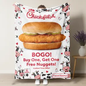 Chick-fil-A Classic Chicken Sandwich Plush Blanket, BOGO Nuggets Promo & Cute Cow Character Print Soft Fleece Throw, Perfect for Fast Food Lovers, Chick-fil-A Fanatics & Cozy Snack Time Decor