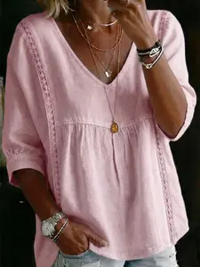 Summer Essential Plain Cotton Linen Texture V-Neck Lace Trim Loose Slimming Three-Quarter Sleeve T-Shirt, Comfortable and Stylish Top