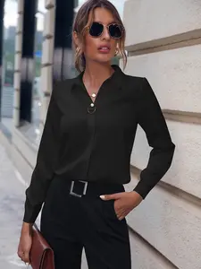 Women's Faux Pearl & Buckle Decor Long Sleeve Collar V Neck Fitted Woven Blouse, Elegant Solid Blouses & Shirts for Work Office Business, Spring & Fall Clothes