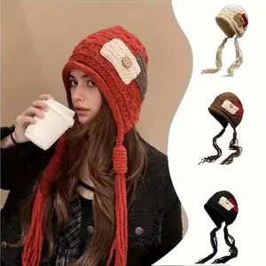 New Fashion Patchwork Tassel Knitted Women's Winter Peru Earflap Hat, Ski Hat, Warm Lined Neck Warmer Scarf Windproof Cycling Hat