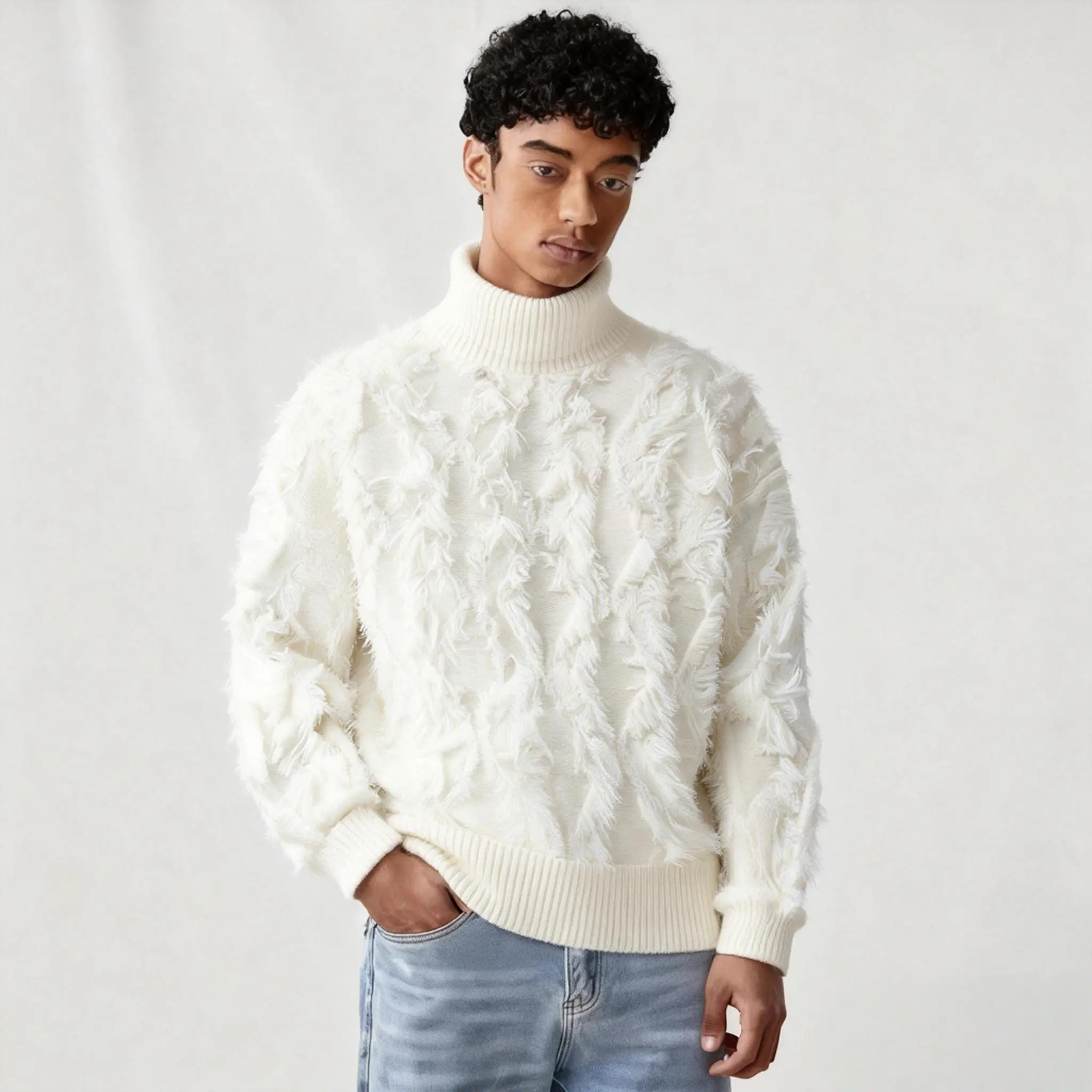 Autumn Winter Fashion Cream White Vitality Texture Tassel Knitted Pullover Sweater Unisex Long Sleeve Loose Street Style For Daily Party Weekend Casual