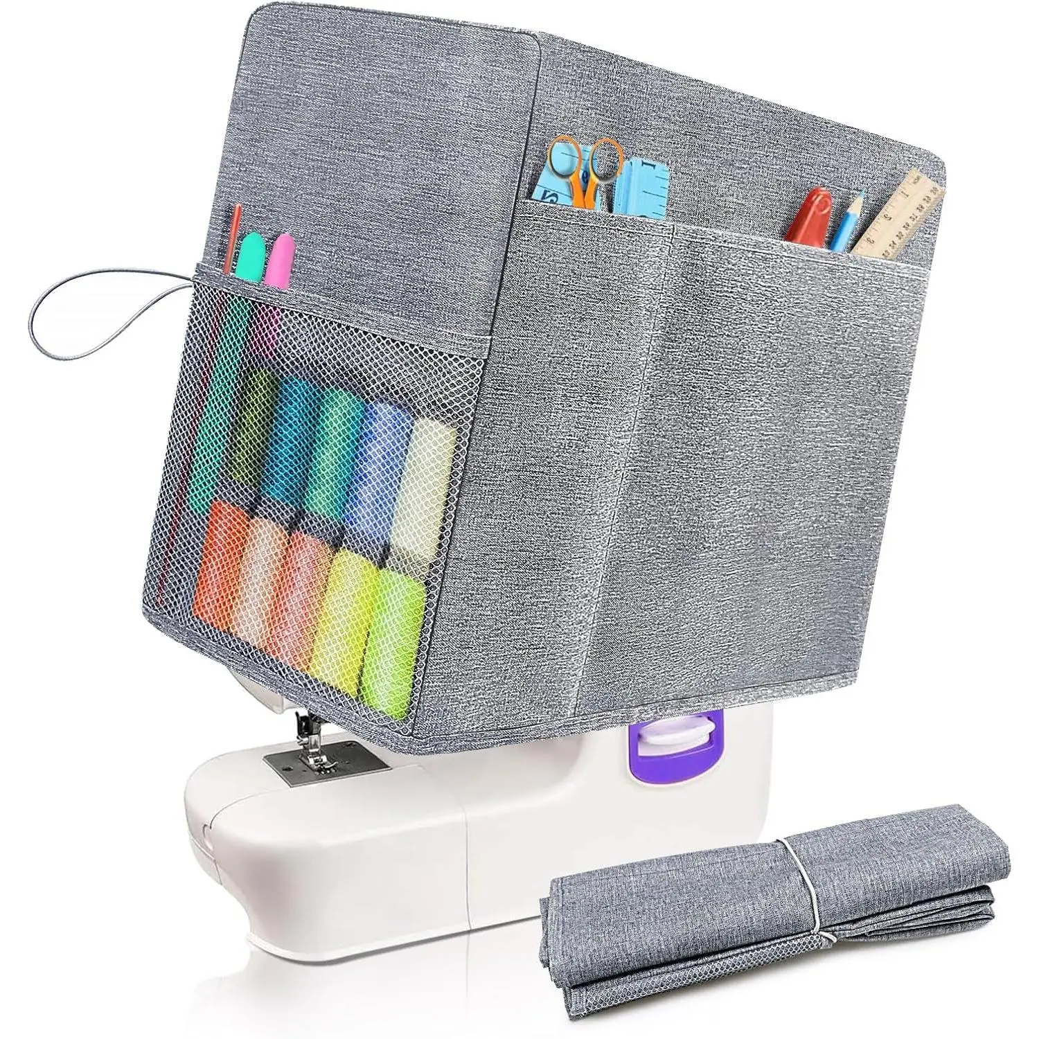 Sewing Machine Dust Cover with 4 Storage Pockets - Foldable Protective Cover for  Standard Brother, Singer Machines (Gray)