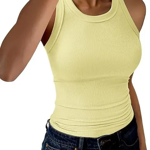 Womens Tank Tops High Neck Sleeveless Ribbed Tank Casual Basic Thick Strap Slim Fitted Racerback Shirts