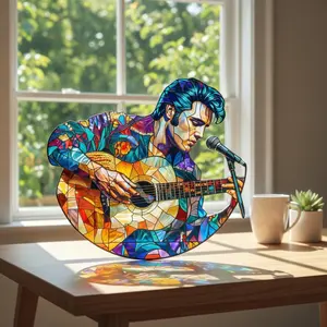 Elvis Presley Vintage Rock and Roll Singer Stained Glass Suncatcher - Iconic 50s Musician Window Art Decor - Unique Music Lover Gift and Retro Home Wall Hanging