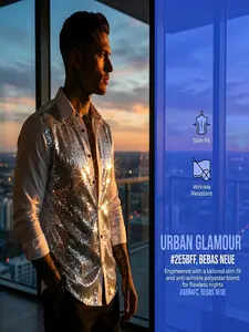 Men's Sequined Long Sleeve Shirt, Summer Breathable Casual Streetwear, Slim-Fitting Blouse for Daily Wear, Solid Pattern Top, Casual Party Shirt