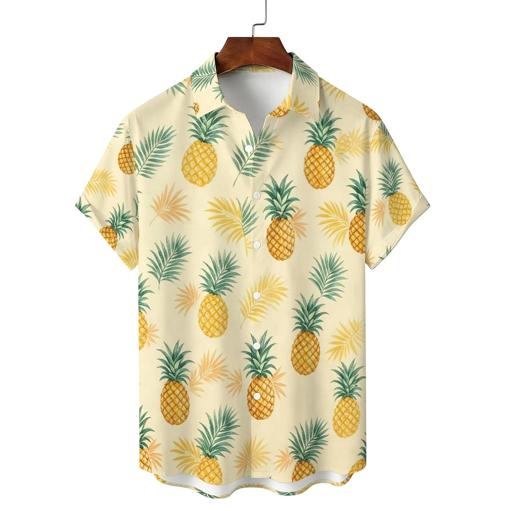 Cute Pineapple Tropical Hawaiian Shirt | Cream Base Palm Leaf Fruit Print Summer Pool Party Casual Button Up Shirt For Men
