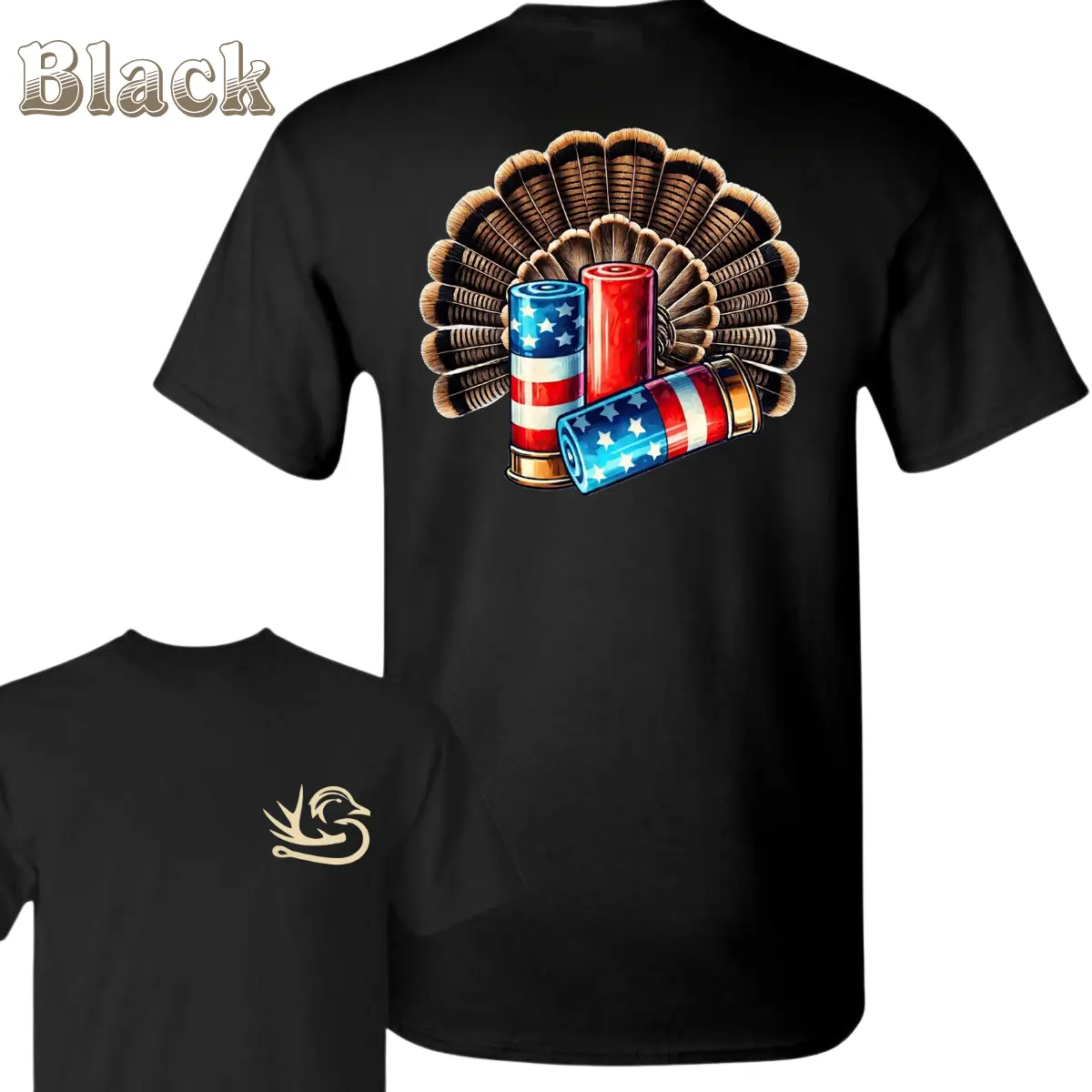 Patriotic Turkey Hunting T-Shirt - USA Flag Shotgun Shells And Turkey Tail Design , Small Front Chest Duck Graphic , Hunting Outdoor Style , Fall Season Weekend Wear , Hunting Shirt , Gift For Turkey Hunters