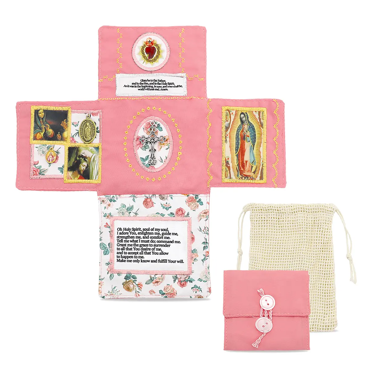 Handmade Catholic Prayer Pocket Linen Drawstring Bag - Sacred Heart, Virgin Mary Crucifix, Religious Cross Print, English Prayer Text, Bible Card Set - Portable Back to School, Independence Day, Mother's Day Holiday Gift for Mom, Spiritual Comfort