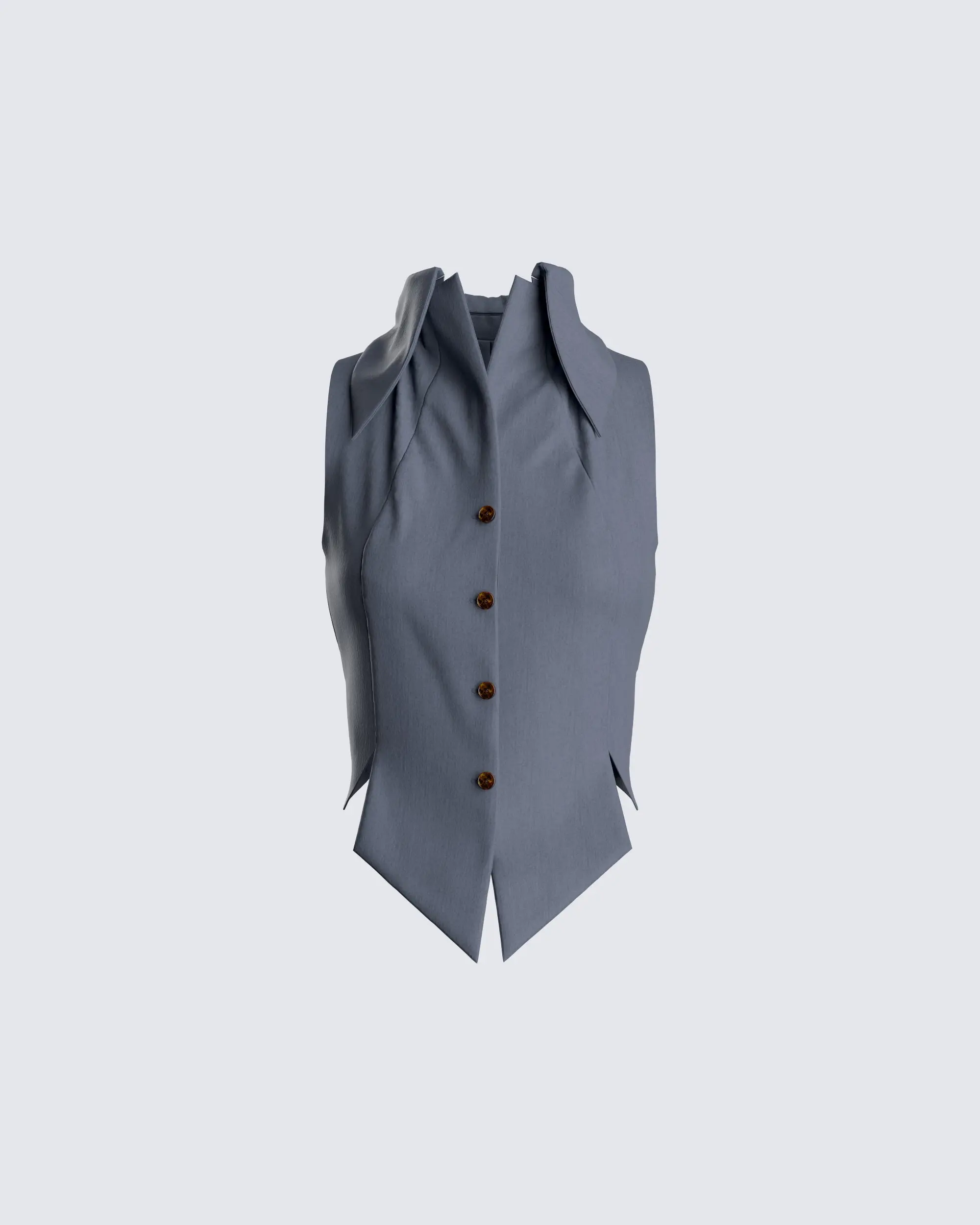 Women's Fitted Charcoal Pointed Collar Draped Neck Sleeveless Button Blouse - Tops, Shirts Suitable for Casual & Work Wear, Neutral Palette