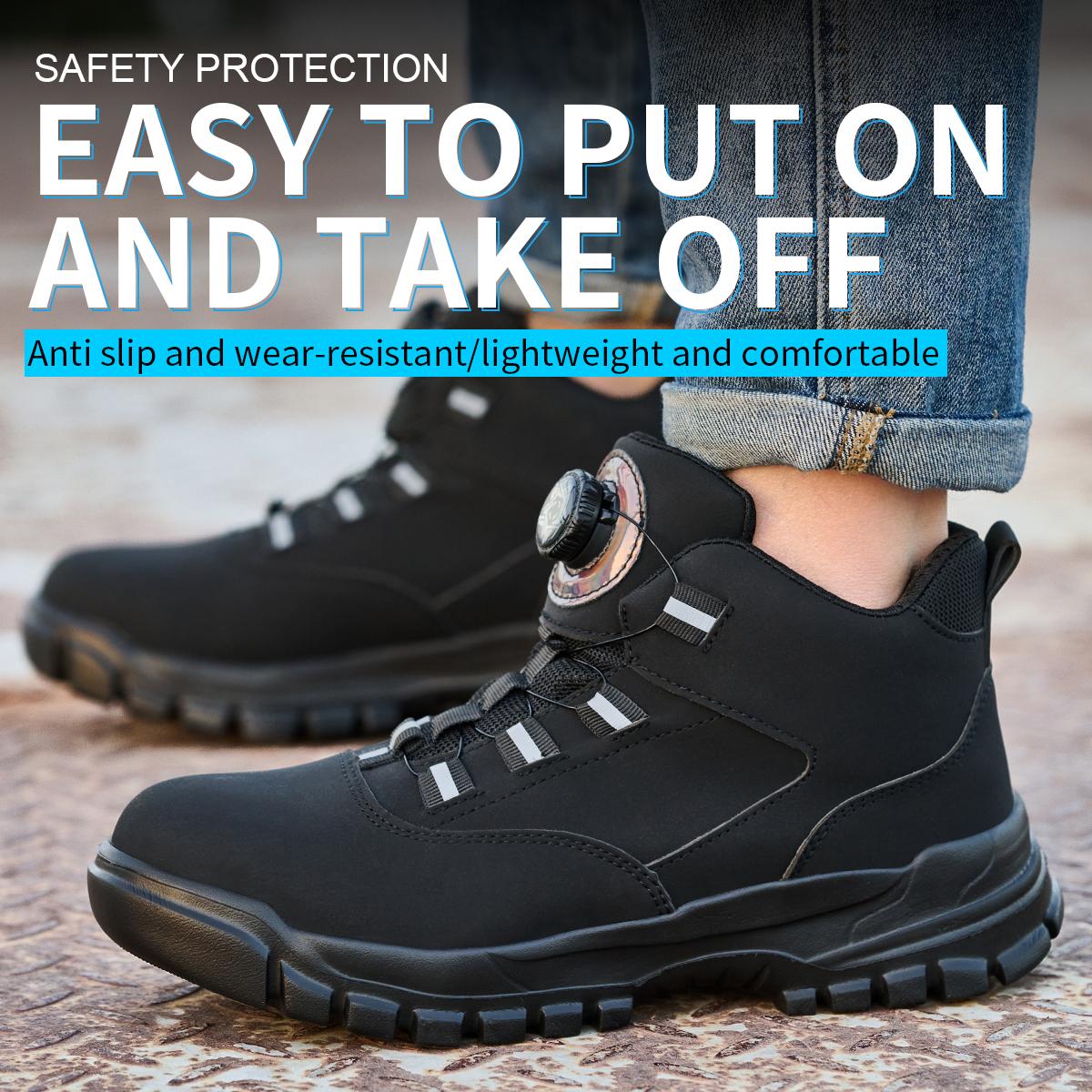 Men’s safety shoes with steel toes, impact-resistant and puncture-proof; non-slip, wear-resistant high-top safety boots; quick lace-up with rotating buttons; waterproof, splash-resistant upper; suitable for construction sites, durable and long-lasting.