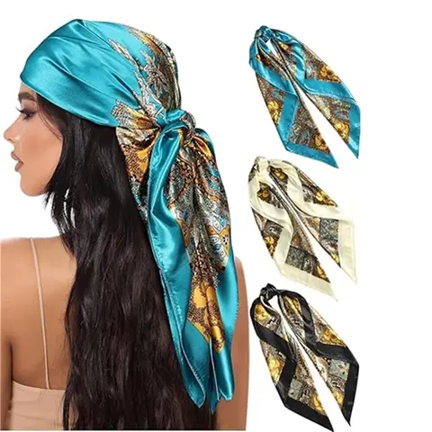 Women's 3-Piece 35in (90*90 cm) Silk-Like Printed Square Head Scarves - Multifunction Hair Kerchief, Abrasion-Resistant Luxe Touch Accessory, 3-Color Mix, 1-Piece Many Looks, Neck Wrap for Engagement/Anniversary