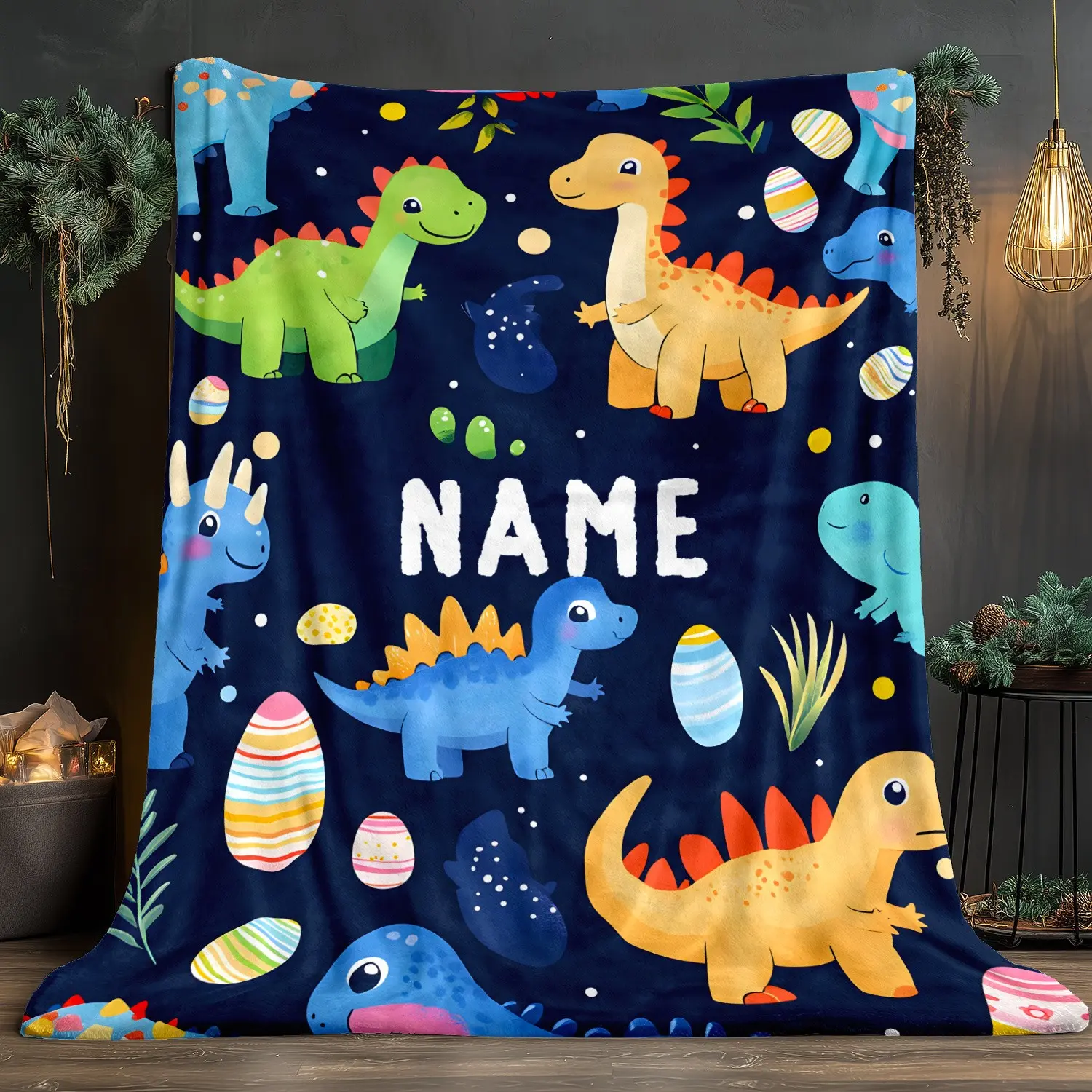 Customized name cartoon dinosaur blanket - lightweight flannel sofa blanket, suitable for camping, living rooms, offices, chairs and beds - digital printed soft and warm flannel blanket, essential for winter warmth