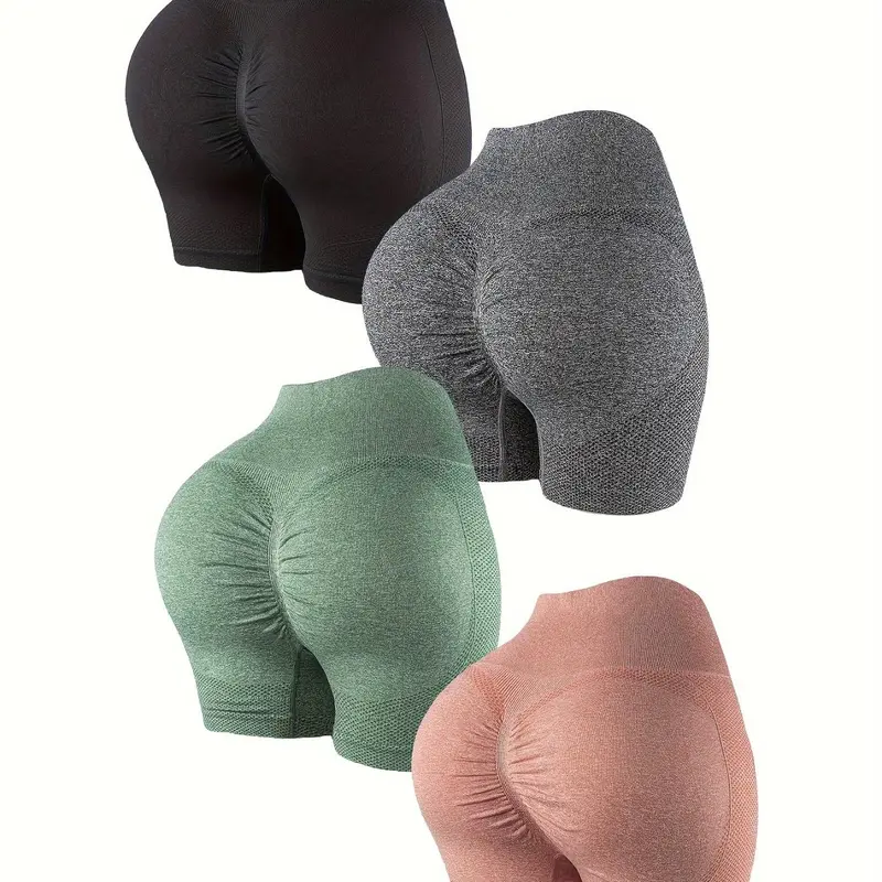 Plus Size 4pcs Solid Seamless Sports Shorts, Sporty Shorts, Activewear Shorts, Active Athletic Shorts, High Stretch Breathable Comfortable Skinny Shorts, Women's Sportswear for Indoor Outdoor Wear, Breathable Fitness Shorts