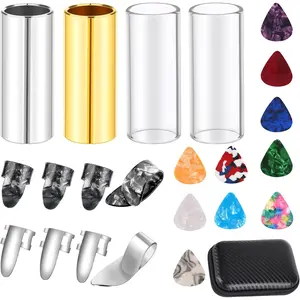 Guitar Slide, 4 count  Medium Guitar Slides(1 Stainless Steel, 1 Brass and 2 Glass), 4 count Stainless Steel and 4 count Plastic Thumb & Finger Picks, 10 count Guitar Picks  in  Box Guitar Accessories