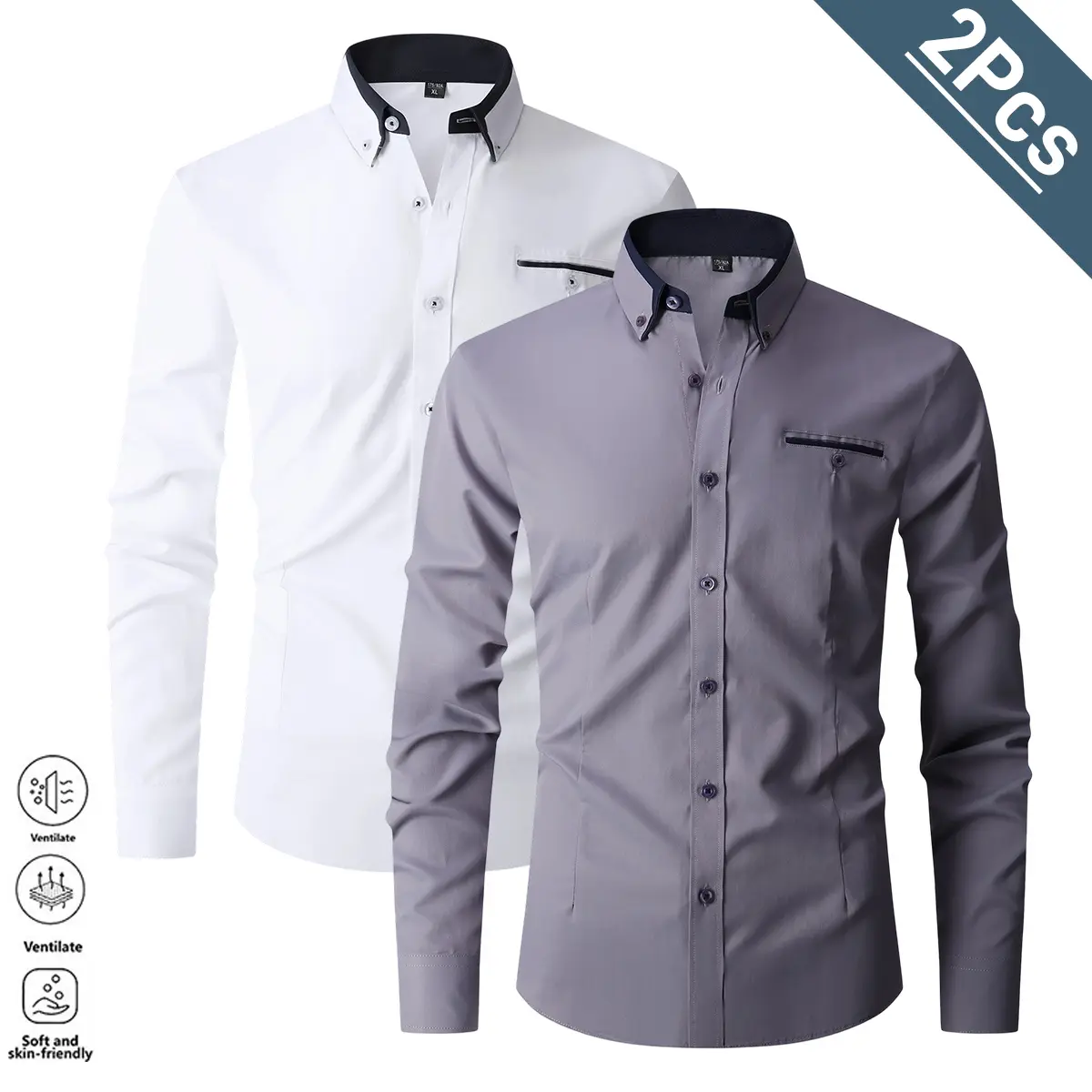 Men’s 2-Pack Short-Sleeve Polyester Button-Down Dress Shirts - Solid Color Menswear Top, Wrinkle-Free, Hand Washable Business Wear for Office Meetings & Client Visits, Preppy Look, Solid Colors, Plain
