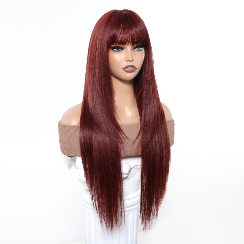 Long Straight Wig With Bangs 28inch Straight Black Wig Synthetic Heat Resistant Fiber Wig for Daily&Party everyday wear Curly Ponytail Extension Clip Tousled Updo Hair Bun Set