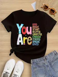 Girls' 100% Cotton Inspirational Tee "You Are", Colorful Star & Confetti Print, Soft Breathable Crew Neck, Size 6-14, All-Season Daily Wear
