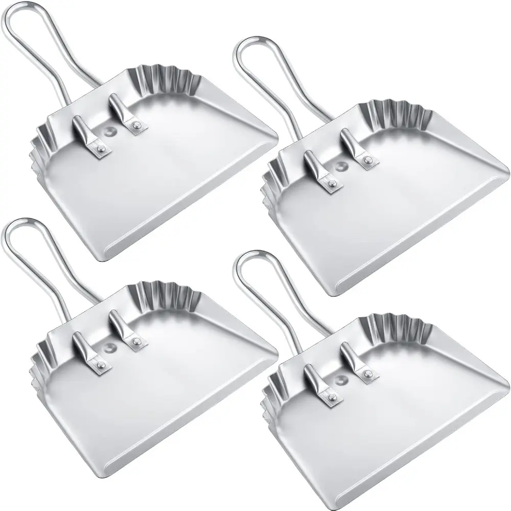 Industrial Commercial 4-Piece 12in Silver Heavy-Duty Metal Dustpans, Handheld Wide Ribbed Scoopers with Comfortable Grip, Hang Storage, Easy to Collect Rubbish, Holds More Debris, Ideal for Home Use & Housewarming Gifts