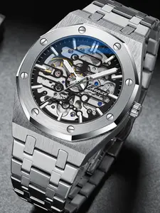Luxury Men's Automatic Mechanical Stainless Steel Watch, Dual-Sided Hollow Design, Elegant Retro Style, Business and Casual Wear, Perfect Gift, Analog Mechanical Watches