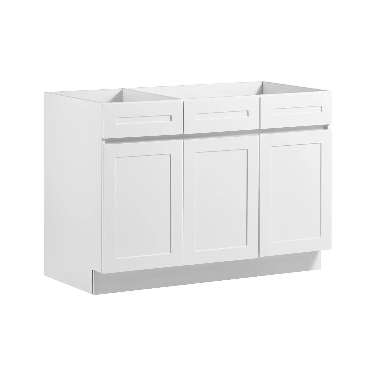 VEVOR White Shaker Base Cabinet Ready to Assemble, 48"W Unassembled Sink Base Cabinet, 48" W x 24" D x 34.5" H, with 3 Doors, Soft-Close Hardware, Fine Edge Banding, for Home, Office, and Laundry Room