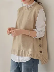 Women's Plain Round Neck Knit Vest Sleeveless, Loose Fit Side Buttoned Waistcoat, Warm Soft Fall Sweater, Casual Style, Perfect for Autumn, Womenswear Garment