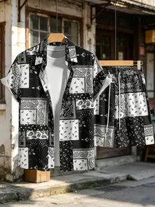 Men's Paisley Patchwork Set, Floral Pattern Short Sleeve Shirt + Drawstring Shorts, Summer Street Retro Style, Casual Daily Wear#SummerStreetStyle #CasualOutfit #TikTokFashion