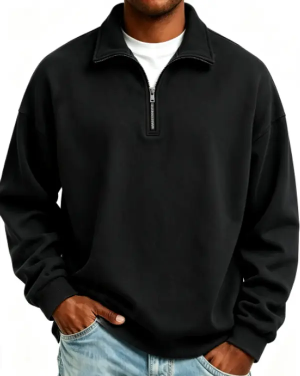 Basic Men Quarter‑Zip Sweatshirt Pullover Stand Collar Long Sleeve Top For Home Travel Hangout Weekend Wear