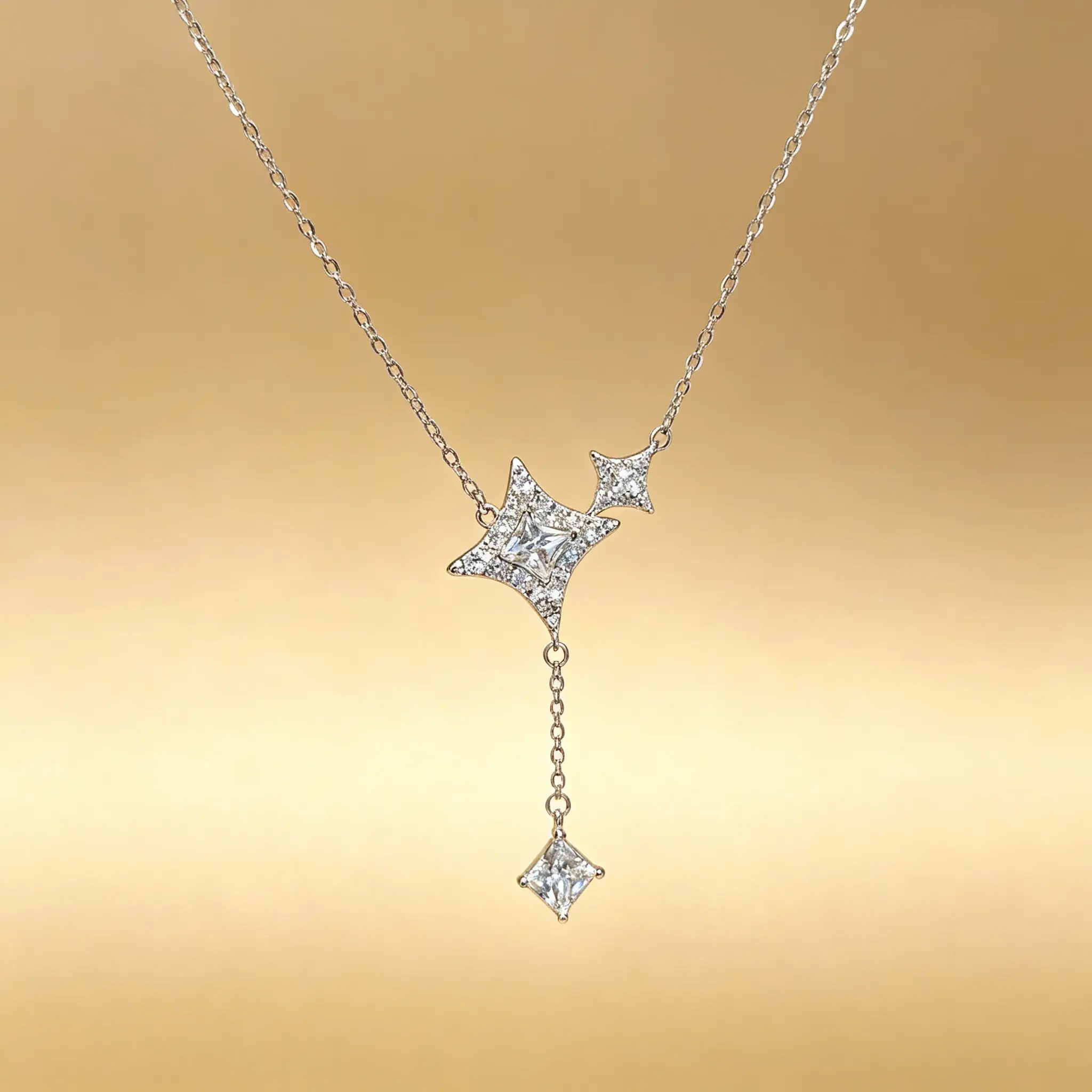 Women's S925 Pure Silver Dazzling Starburst Tassel Pendant Collarbone Necklace - 41-50cm, Light Luxury Niche Design, Fashionable Versatile Everyday Wear Jewelry