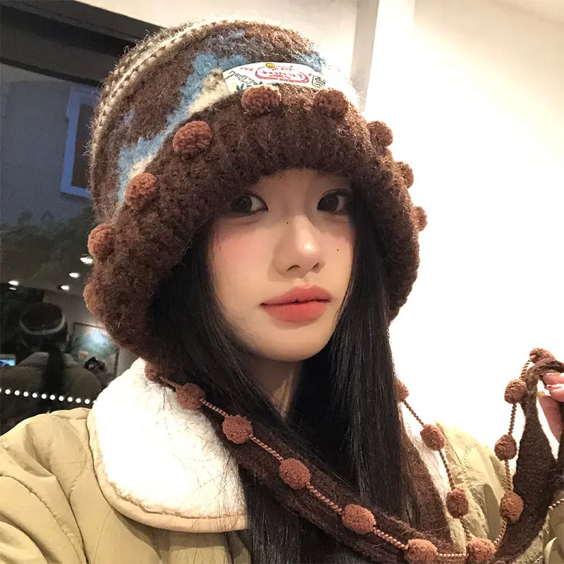 Fair Isle Color-Block Knitted Hat for Women, Autumn and Winter Versatile Thickened Knit Hat for Large Head Circumference, Warm Pullover Beanie