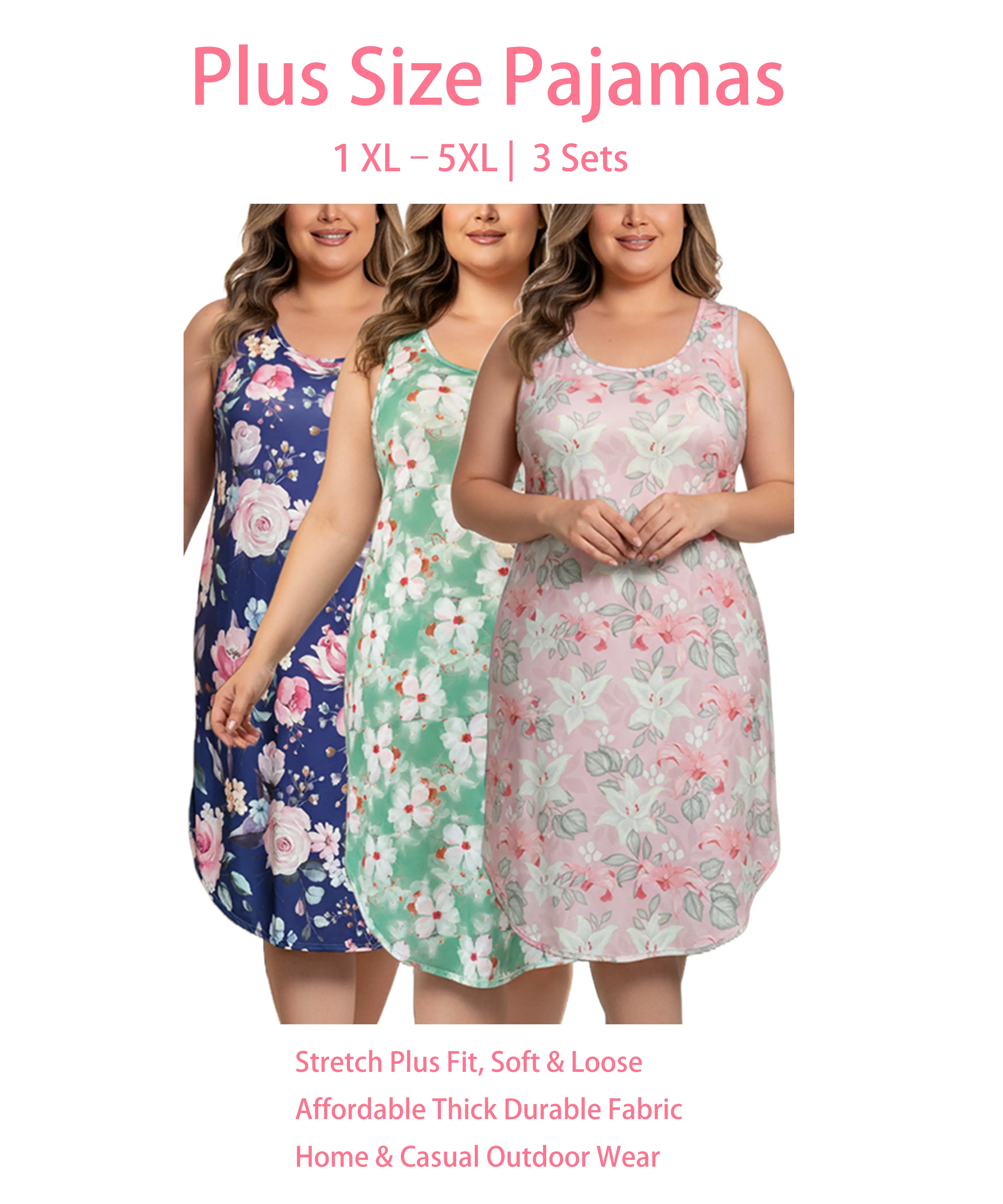 【Flash Sale】Plus Size 3-Pack Print Sleeveless Nightgowns | Comfy Tank Loungewear Sleep Dress 1XL-5XL