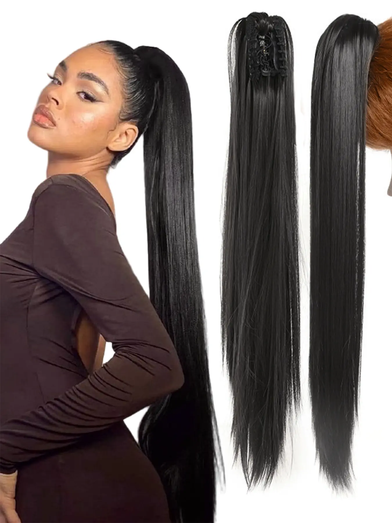 Natural Black Straight Long Hair Ponytail Clip In Hair Extensions Long Ponytail Claw Clip Ponytail Extension Soft Natural 28 Inch Elegant Gorgeous Long Straight Synthetic Hair for Women Daily and Holiday Use Ponytail Hairpieces （Black and Brown）