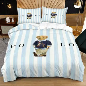 Striped teddy bear printed pattern duvet cover set, including 1 duvet cover and 1 or 2 pillowcases, without a core or pillow, suitable for bedroom or dormitory bedding set, suitable for gift giving or personal use