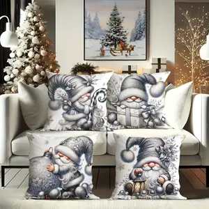 Christmas Santa Theme Silver Color Pillowcases Set of 4, High-Quality Bedroom Cushion Covers, Living Room Sofa Pillows, No Filler Included