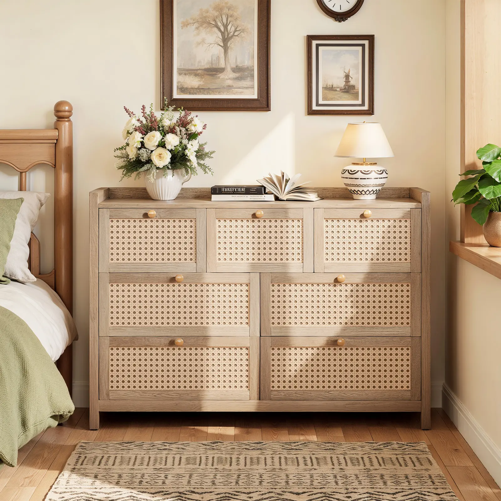 LGHM 7 Drawer Dresser for Bedroom, Wide Rattan Chest of Drawers with Spacious Storage, Natural Oak Wood Dresser for Living Room & Entryway